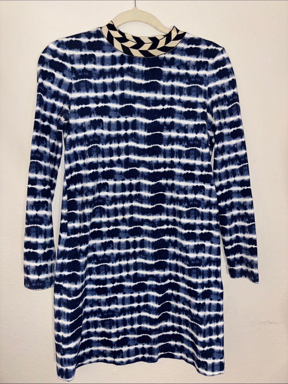 Tory Burch Navy and White Tie-Dye Long Sleeve Shift Dress